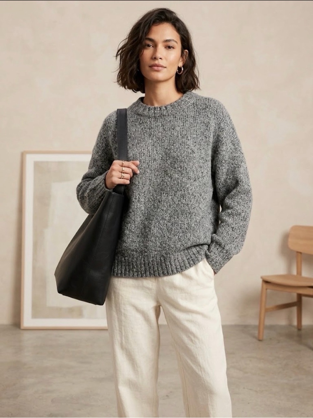 White Fox Wool Blend Marled Chunky Knit Boho Minimalist Grey Sweater L/XL